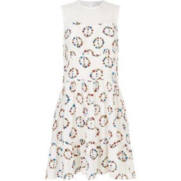 Sandro Replay Printed Silk Dress in Ecru Peace Sig - Picture 3 of 10